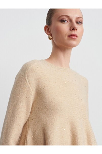Dilvin 10832 Pulover tricotat cu sclipici peplum-bej