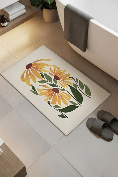 Etnik Dekor Yellow Daisy Patterned Digital Printing 2-Piece Bath Mat
