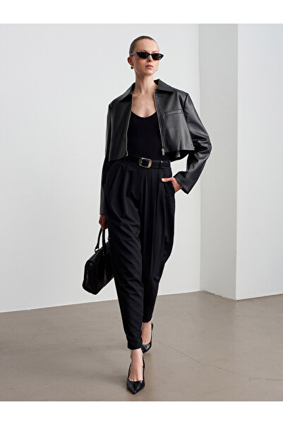 Dilvin 72228 Pleated Fabric Trousers-Black