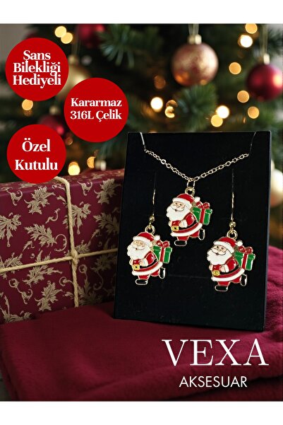 Vexa Aksesuar Yılbaşı Özel Noel Baba Çelik Kolye & Küpe Seti - Kararmaz Çelik - Hediyelik Kutulu Ürün