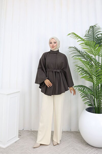 Rema Water-Repellent Imported Chestnut Fabric with Belt and Button Detail Poncho