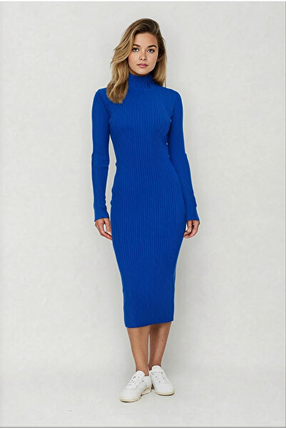Puella El0006 Women's Corded Fabric Polyelite Polyester Half Fisherman Midi Knitwear Dress