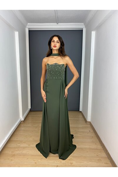 gökkuşagı moda Haki Straplez Üst İncili Pelerin Etek Detaylı Uzun Abiye Elbise