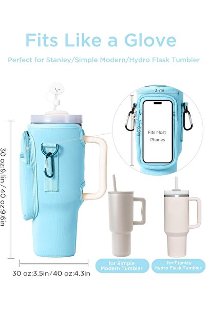 Bukela Neoprene Water Bottle Carrier with Pocket & Adjustable Strap — Fits 1.18L Stanley (Blue)