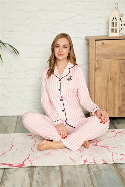 ALİMER Women's Pink White Striped Front Button Shirt Collar Long Sleeve Transitional Cotton Pajamas Set