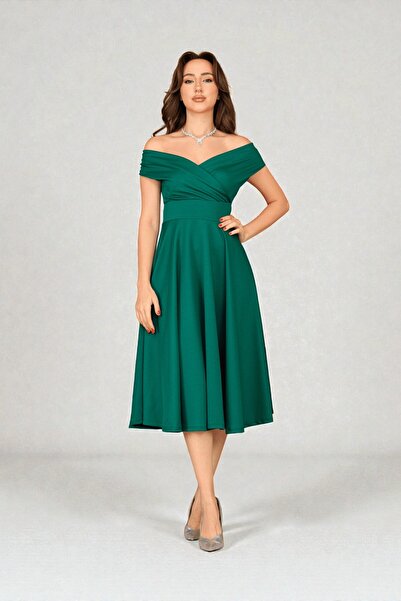 BEYBOS Φόρεμα μίντι με λαιμόκοψη καγιάκ - Σμαραγδί Πράσινο