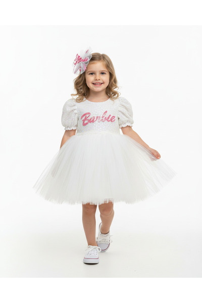 BUTİKHAPPYKİDS Kız Çocuk Barbiee Temalı Tütülü Taçlı Elbise 3-7 Yaş
