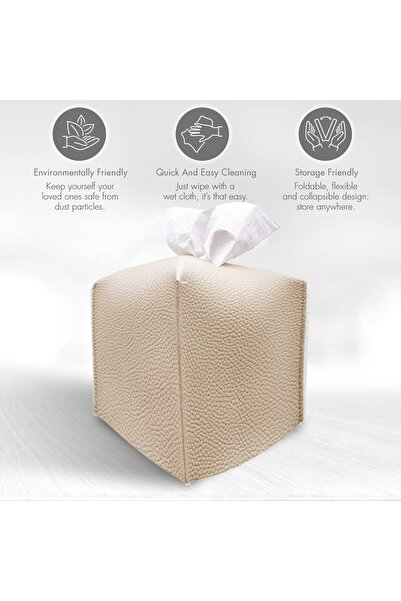 JZS PU Leather Square Tissue Box Cover, 13×13×13 cm, Cream