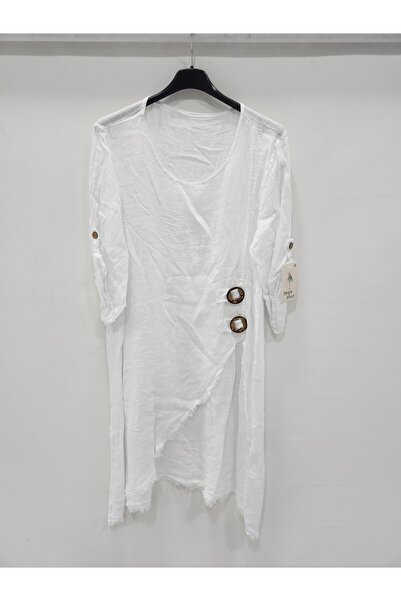 della moor Women's White Italian Deep Side Y Slit Long Linen Tunic