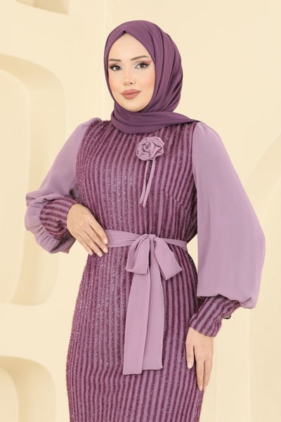 ModaMerve Çiçek Aksesuarlı Simli Abiye 2841ELCK1161-MS Lila