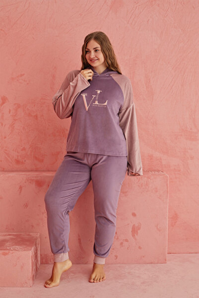 ELİTOL Kadife Battal Vl Hooded Women's Home Set – Lilac Pink