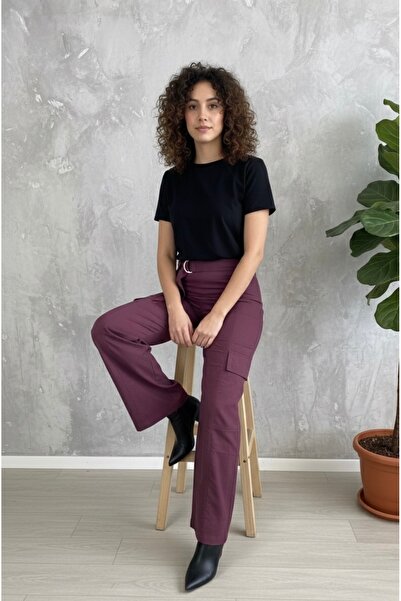 N.INF BUTİK Kemerli, Cepli Kargo Pantolon - Bordo