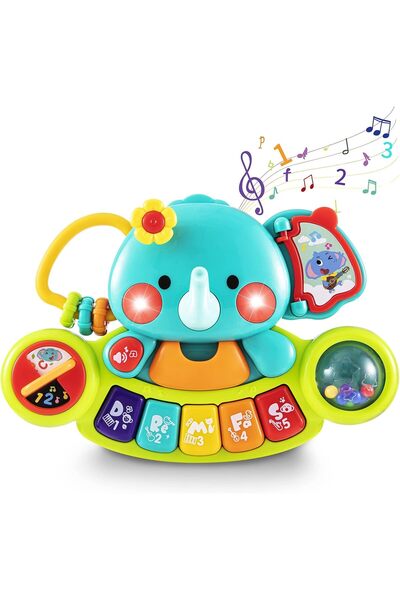 Hibobi Premium لعبة بيانو على شكل فيل موسيقي للأطفال - لوحة مفاتيح ضوئية وصوتية للتعلم المبكر