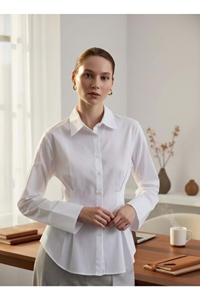 STRENGTH WEAR Beyaz Belden Pensli %100 Pamuk Gömlek