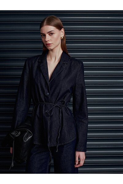 Dilvin 65383 100% Cotton Belted Denim Jacket-Navy Blue