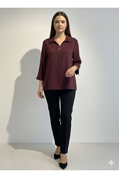 AYHAN 81592 Μπλούζα κρεπ μεγάλου μεγέθους με καρφίτσα τριών τετάρτων