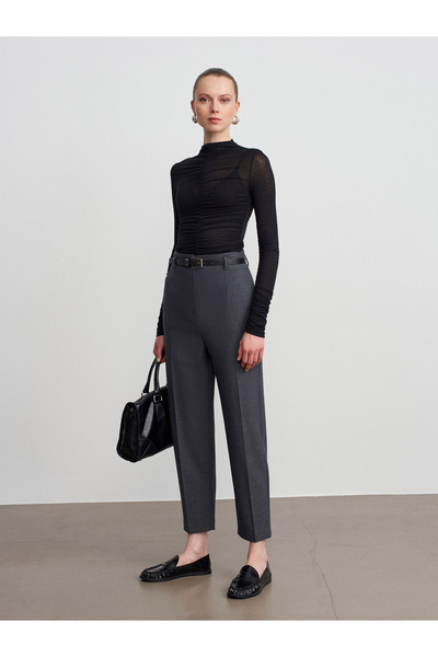 Dilvin 72198 Belted High Waist Trousers-Grey