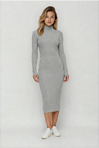 Puella El0006 Women's Corded Fabric Polyelite Polyester Half Fisherman Midi Knitwear Dress