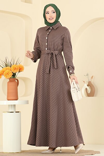 ModaMerve Gold Düğme Detaylı Elbise 4129PM271-MS Latte