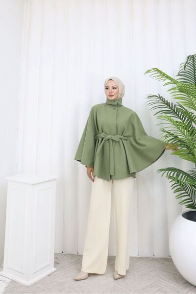 Rema Water-Repellent Imported Chestnut Fabric with Belt and Button Detail Poncho