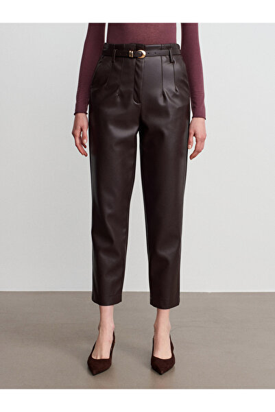 Dilvin 72226 Belted High Waist Faux Leather Trousers-Brown