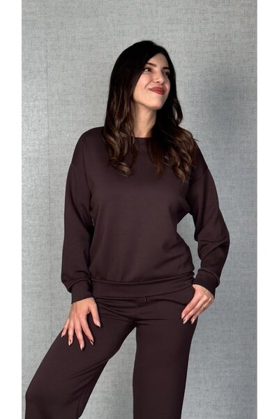 Kokosh moda Women's Long Sleeve Crew Neck Viscose Two Thread Blouse and Pants Double Suit