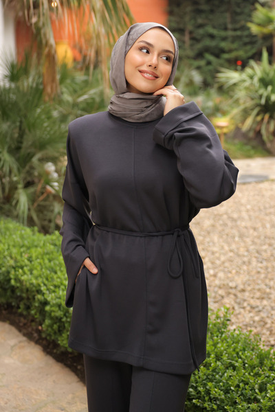 İmajButik Anthracite Tie-Waist Tunic with Pants Modal Set