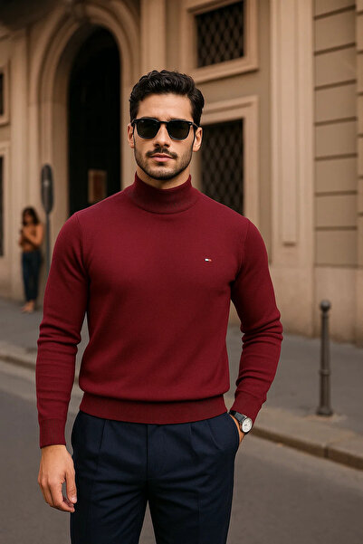 comstar Men's Casual Burgundy Half Turtleneck Sweater