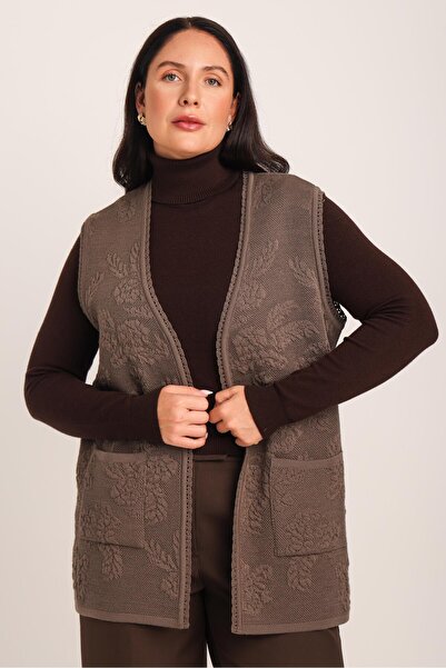 Uludağ Triko Women's Brown Embossed Floral Pattern Pocketed Knitwear Knitted Mother Vest