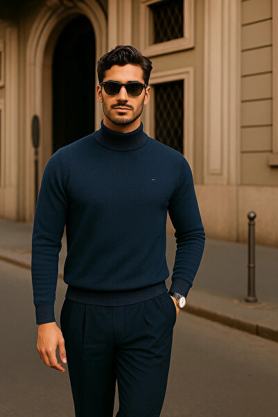 comstar Men's Casual Navy Blue Half Turtleneck Sweater