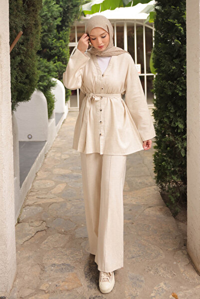 İmajButik Stone Waist Belted Linen Tunic Trouser Set