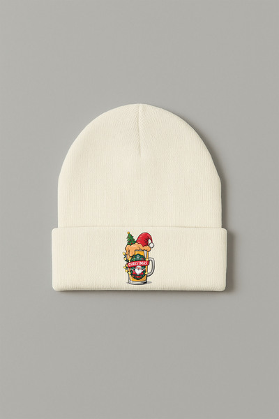 MODA 2026 Christmas New Year Printed Ecru Folded Winter Hat Beanie