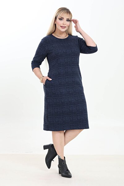 modayız Double Pocket Patterned Stretchy Winter Plus Size Midi Dress 29C-2757