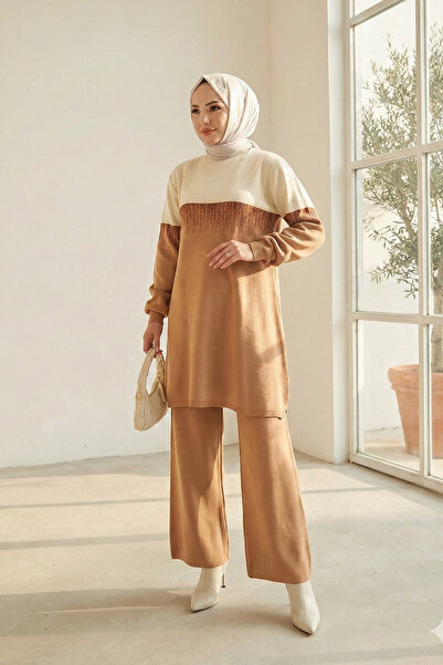 MODAQU Su Yolu Glitter Knitwear Tunic Trousers Set - Camel