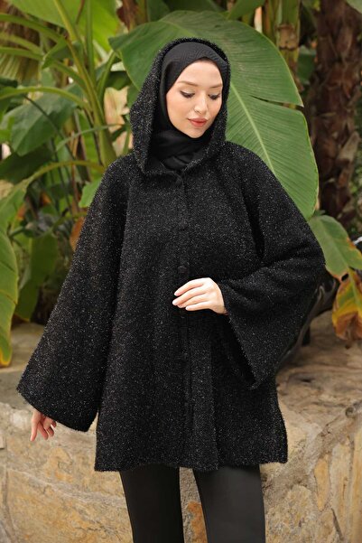 İmajButik Black Hooded Button Glitter Knit Cardigan