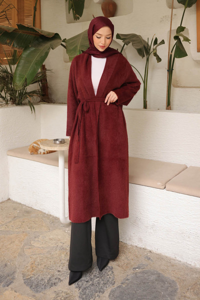 İmajButik Burgundy Belted Long Angora Cardigan
