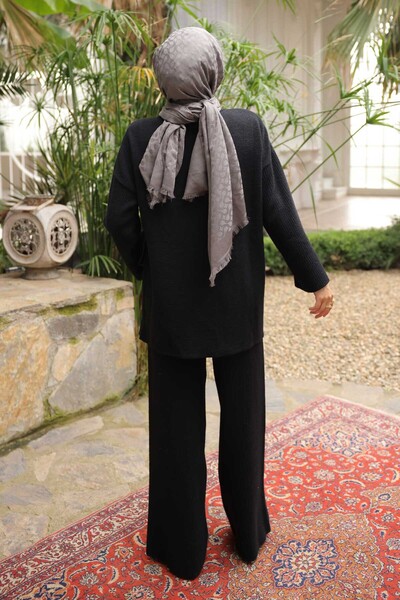 İmajButik Black Zippered Angora Soft Cardigan Pants Set
