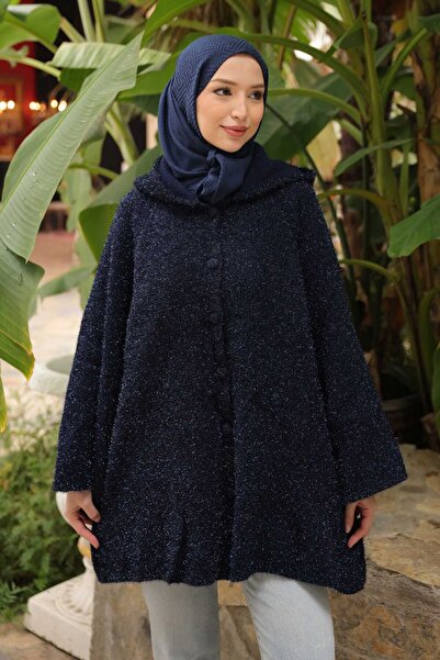 İmajButik Navy Blue Hooded Button Glitter Knitwear Cardigan