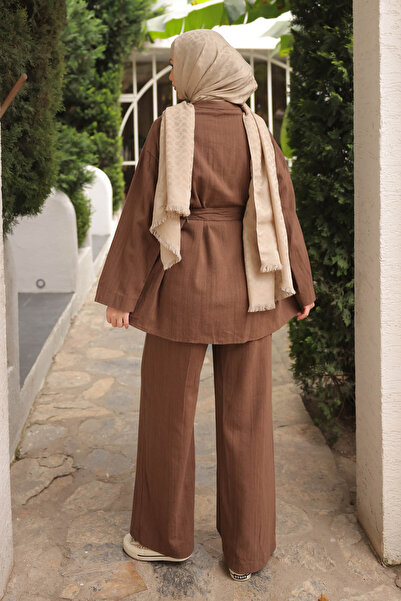 İmajButik Brown Waist Belted Linen Tunic Trouser Set