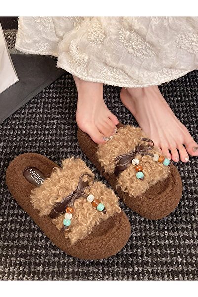 Take Two By Styli Plush Slides with Beaded Bow