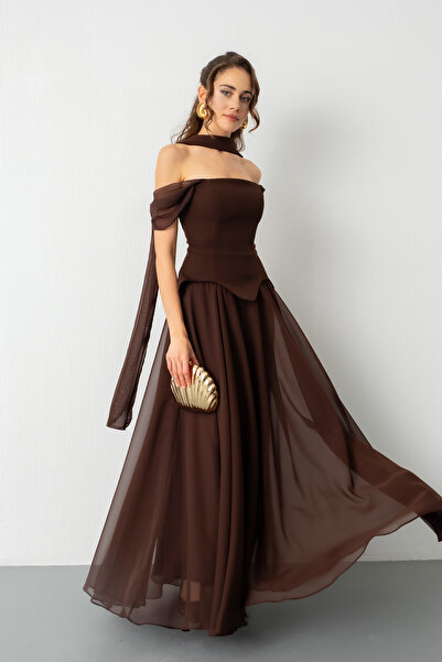 Lafaba Kadın Kahverengi Şal Yaka Straplez Söz Nişan Abiye Elbise