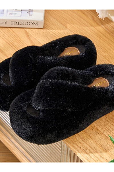 Take Two By Styli Black Faux Fur Flip Flop Slippers
