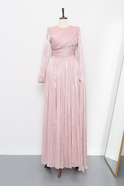 İmajButik فستان سهرة بودرة بحزام عند الخصر مزين بالأحجار