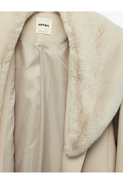Koton Detachable Faux Fur Collar Coat with Belt Cashmere Long Sleeve