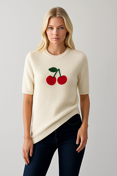 OYERGA MODA Women's Short Sleeve Cherry Patterned Sweater