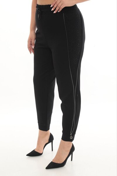 ZANESSI Plus Size Mom High Waist Stone Detailed Pipe Leg Knitted Women's Trou...