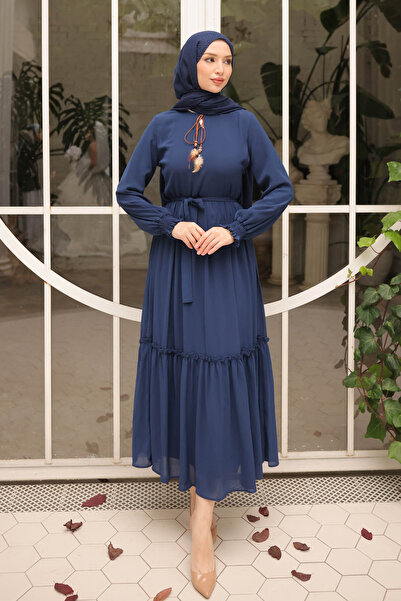İmajButik Navy Blue Skirt Layered Belted Chiffon Dress