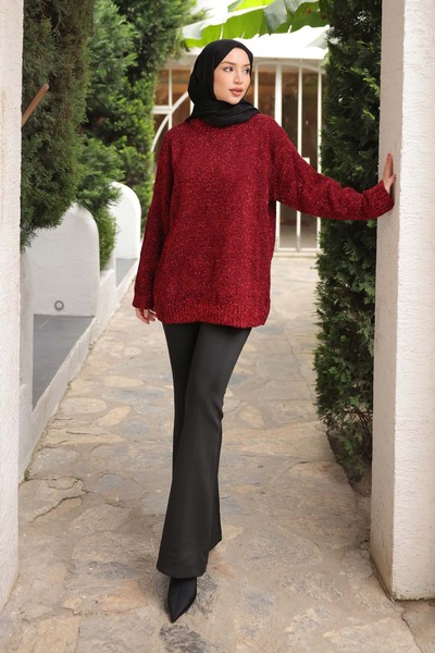 İmajButik Red Crew Neck Glitter Knit Sweater