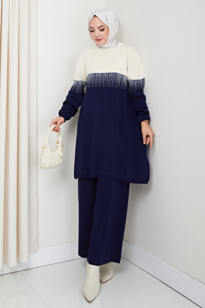 MODAQU Waterway Glitter Knit Tunic Trouser Set - Navy Blue