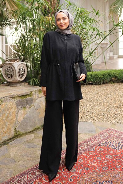 İmajButik Black Zippered Angora Soft Cardigan Pants Set
